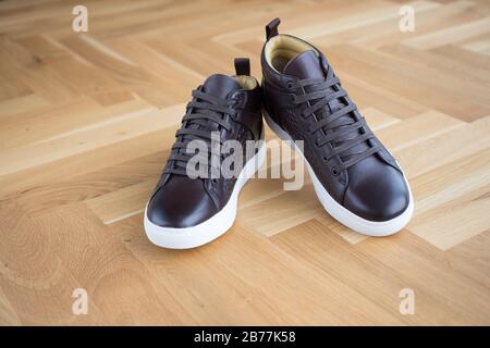 trendy brown leather sneakers on a wooden floor Stock Photo