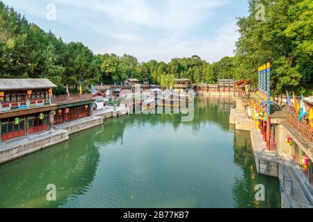 Suzhou Market Street in Summer Palace, Beijing, China. Along the Back Lake, the street design imitates the ancient style of shops in Suzhou City. Stock Photo