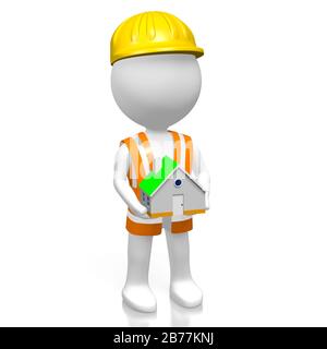 3D worker holding house Stock Photo