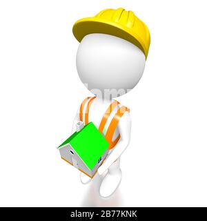 3D worker holding house Stock Photo