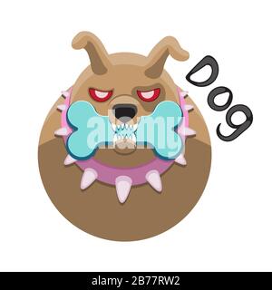 Dog character face holds a bone in its teeth on a white isolated background. Vector image Stock Vector