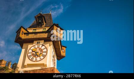 Uhrturm landmark in Graz cityscape view, Styria region of Austria Stock Photo