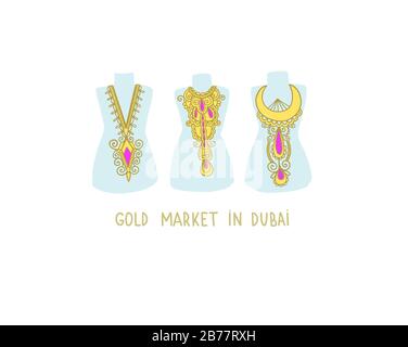 gold market in Dubai - hand drawing flat style icon of famous place in Dubai, United Arab Emirates, Middle East Stock Vector