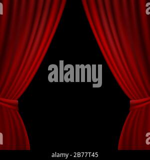 Realistic opened red velvet curtain on black background. Vector Illustration Stock Vector