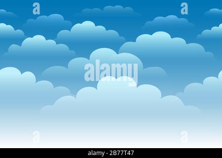 Cartoon blue cloudy sky. Horizontal seamless pattern with white fluffy clouds. Vector illustration. Stock Vector