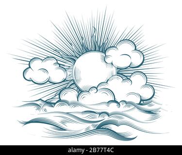 Sun and Sea drawn in engraving style. Vintage engraved sky with waves texture and sun etching on white background. Vector illustration. Stock Vector