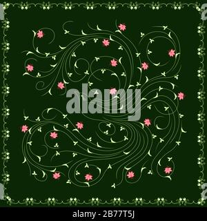 Beautiful bird whose wings and tail with floral elements in pale green and pink hues on the dark background, framed by a frame Stock Vector