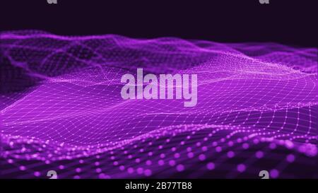 3D rendering of abstract digital waves and bright square particles in space. Futuristic background made of dots, particles and mesh Stock Photo