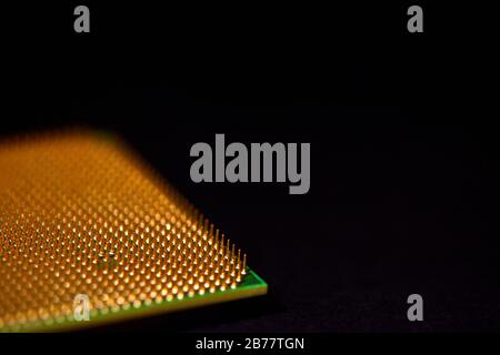 CPU pins. Central processor unit upside-down on a black background. Copy space. Stock Photo