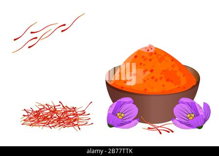 Saffron spice isolated on white background. Saffron powder in bowl, dried spice saffron threads and crocus flowers. For packaging design, label, banne Stock Vector
