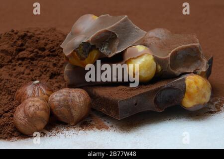 Chocolate with whole hazelnuts, hazelnuts and cocoa powder, Germany Stock Photo