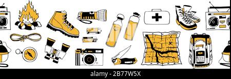Horizontal seamless border in black, white and yellow colors. Endless pattern of isolated vector elements. Camping equipment. Positive frame design Stock Vector
