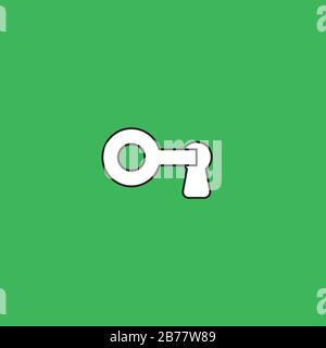 Vector illustration icon concept of key into keyhole, lock or unlock. Black outlines, green background. Stock Vector