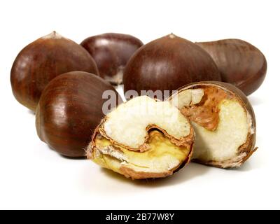 Half-peeled chestnut on white background, two unpeeled Stock Photo - Alamy