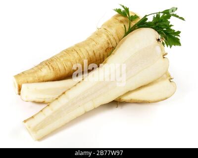 Fresh halfed parsley root isolated on white background Stock Photo