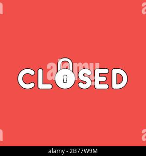 Vector illustration icon concept of closed word with closed padlock. Black outlines, red background. Stock Vector
