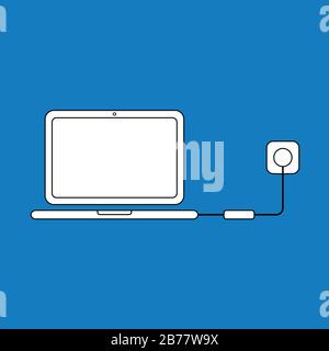 Vector illustration concept of laptop computer icon charging with charger, plug and outlet. Black outlines, blue background. Stock Vector