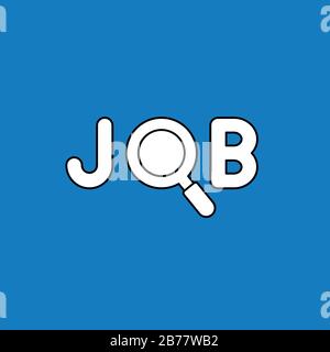 Vector illustration concept of job text with and magnifying glass or magnifier. Black outlines, blue background. Stock Vector