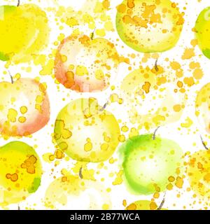 apple slice seamless pattern with splashes. Summer apples watercolored hand draw art background. Fresh fruit repeatable pattern, healthy lifestyle and Stock Vector
