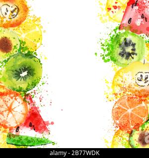 Fresh fruit watercolor banner. Watercolored apple, citruses, avocado and qiwi in one banner with splashes. Healthy lifestyle bannner with fruits and Stock Vector