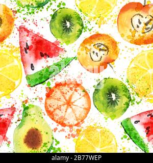 Set of Fresh fruit watercolor objects. Watercolored apple, citruses, avocado and qiwi in one art collection with splashes. Healthy lifestyle set with Stock Vector
