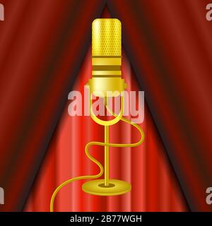 Retro Gold Microphone Icon Isolated on Red Curtain Background Stock Vector