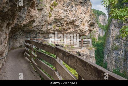 panoramic route to Sanctuary of San Romedio trentino, Trentino alto adige, northern italy - Europe. Panoramic trail carved into the rock of the canyon Stock Photo