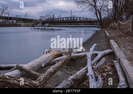 Long Exposure View of Moahwk River at Bellamy Harbor State Park in Rome, New York Stock Photo