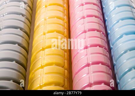 cartridges for laser printers aligned on a white background. Stock Photo