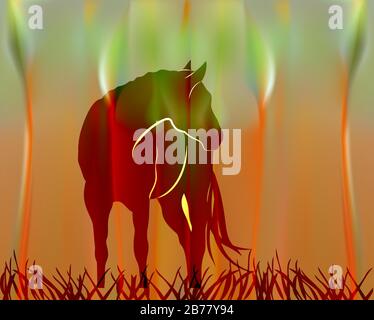 Fabulous Sunny background with cartoon horse. Spring meadow in Golden rays of sun background. Stock Vector