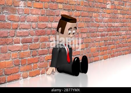 Sad cartoon character sitting beside a wall Stock Photo