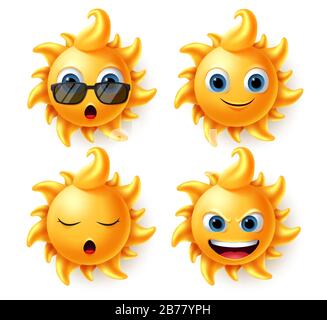 Sun characters vector set. Sun character in different facial expression like surprise, smiling, sleeping, and angry for summer emoji and emoticon. Stock Vector
