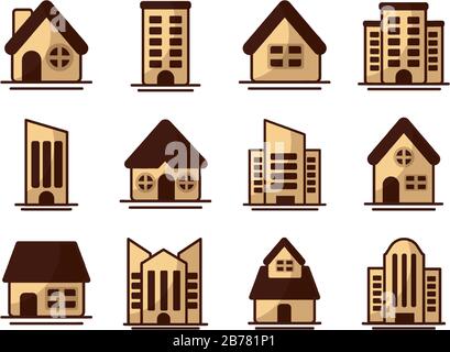 set of icons of towers of apartment, office building and house on white background vector illustration design Stock Vector