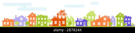 A charming street in the U.S. with houses of different design and architecture. Many options of windows and doors. A header for a website or an Stock Vector