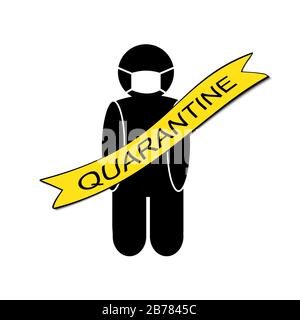 Coronavir threat. Silhouette of a man with breathing mask crossed with yellow tape with the word Quarantine. Stock Photo