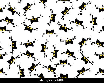 Seamless pattern with cat motif. Black cat with yellow eyes peeping from behind shirt with buttons in repeating pattern on white background. Suitable Stock Photo