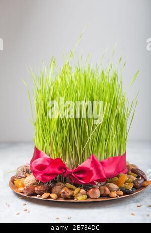 Happy Nowruz holiday background. Celebrating  various dried fruits, nuts, seeds, light background with green grass wheat, copy space top view Stock Photo