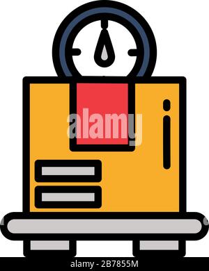 cardboard box over industrial cargo weight scale on white background vector illustration design Stock Vector