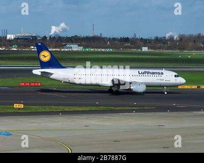 Lufthansa airplane at the airport in Duesseldorf in Germany Stock Photo