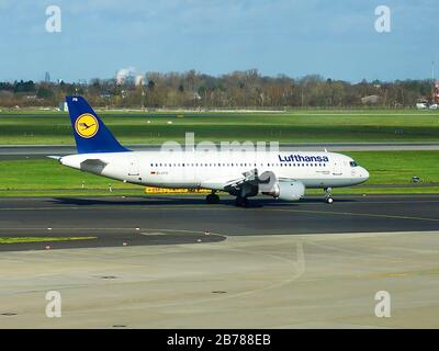 Lufthansa airplane at the airport in Duesseldorf in Germany Stock Photo