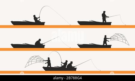 fisherman in boat silhouette set Stock Vector
