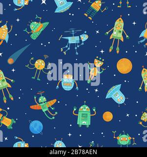 Seamless space robots pattern. Cute robot in space with stars and planets, colourful funny robots cartoon vector illustration Stock Vector