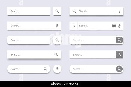 Search bar. Searching panel, website ui bars with shadows and quick search boxes template vector set Stock Vector