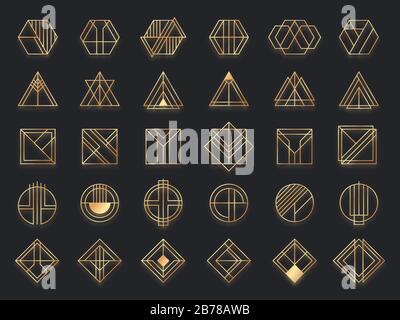 Art deco geometric shapes. Golden geometrical art shape, gold circle symbol and abstract triangle. Creative lines square and elegant geometrics Stock Vector