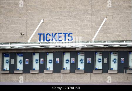 A general view of the ticket office outside the AMEX Stadium, home of Brighton and Hove Albion football Club, following yesterday's announcement that the Premier League has suspended all matches until Saturday April 4, 2020. Stock Photo