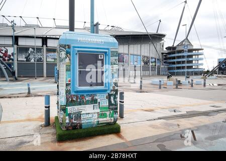 A view outside the Etihad Stadium, home of Manchester City Football Club, following yesterday's announcement that the Premier League has suspended all matches until Saturday April 4, 2020. Stock Photo