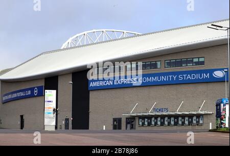 A general view outside the AMEX Stadium, home of Brighton and Hove Albion football Club, following yesterday's announcement that the Premier League has suspended all matches until Saturday April 4, 2020. Stock Photo
