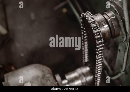 heavy industry gear chain hardwork with machine roller high force power durable with space for text. Stock Photo