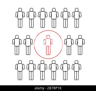 Self isolation during the coronavirus COVID19 quarantine. Crowd of people and infected red person in the isolated buble. Concept illustration. Stock Photo