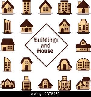 set of icons of towers of apartment, office building and house on white ...
